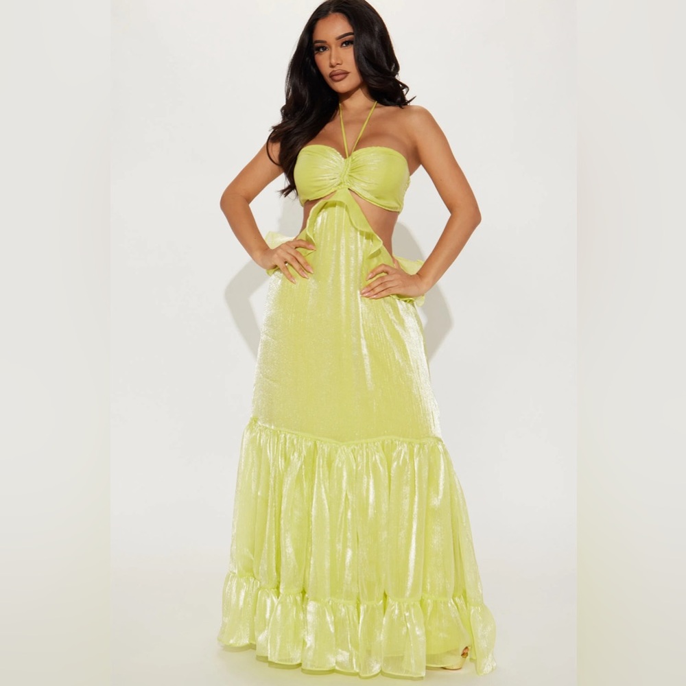 Lemon/Lime Iridescent Tiered Maxi Dress